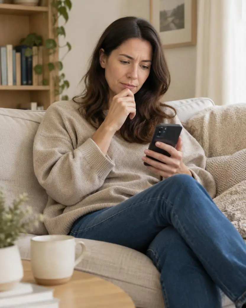 Pessoa olhando o celular em dúvida sobre qual prática escolher