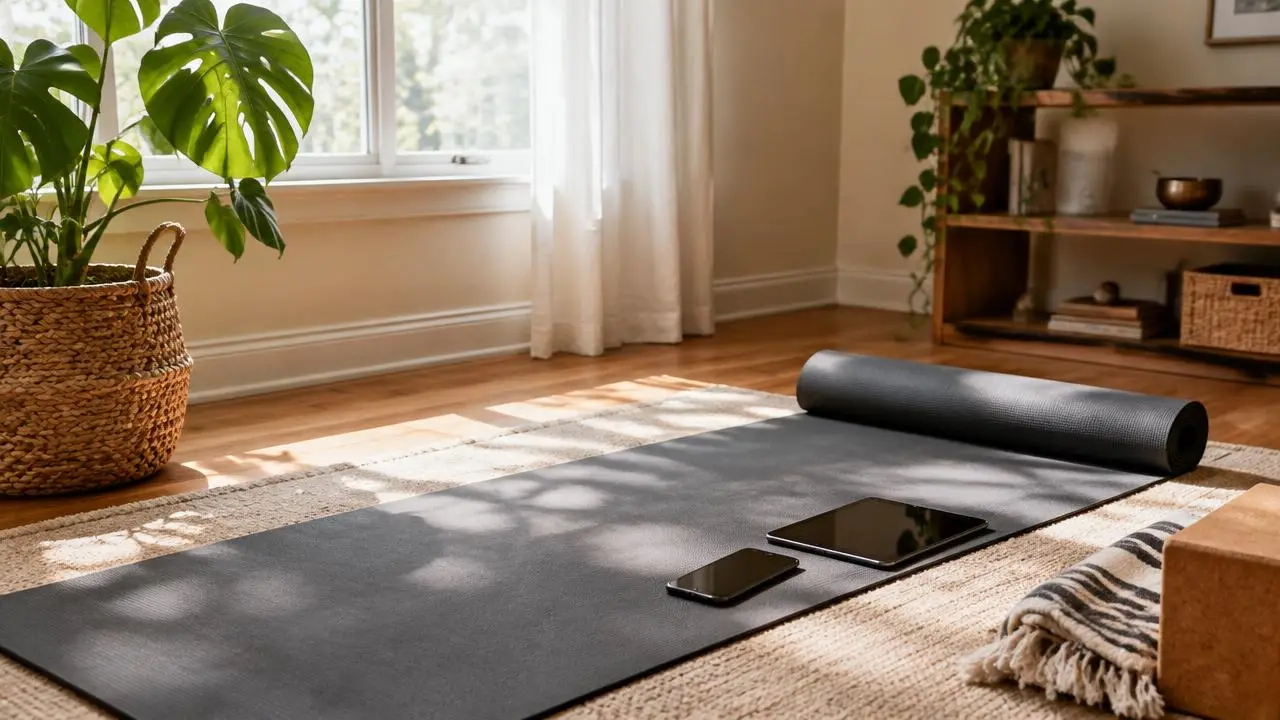 Ambiente calmo de prática com tapete, celular e tablet