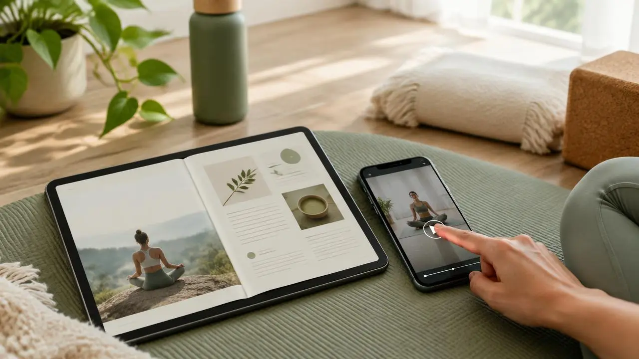 Playbook aberto ao lado de um celular com vídeo de prática